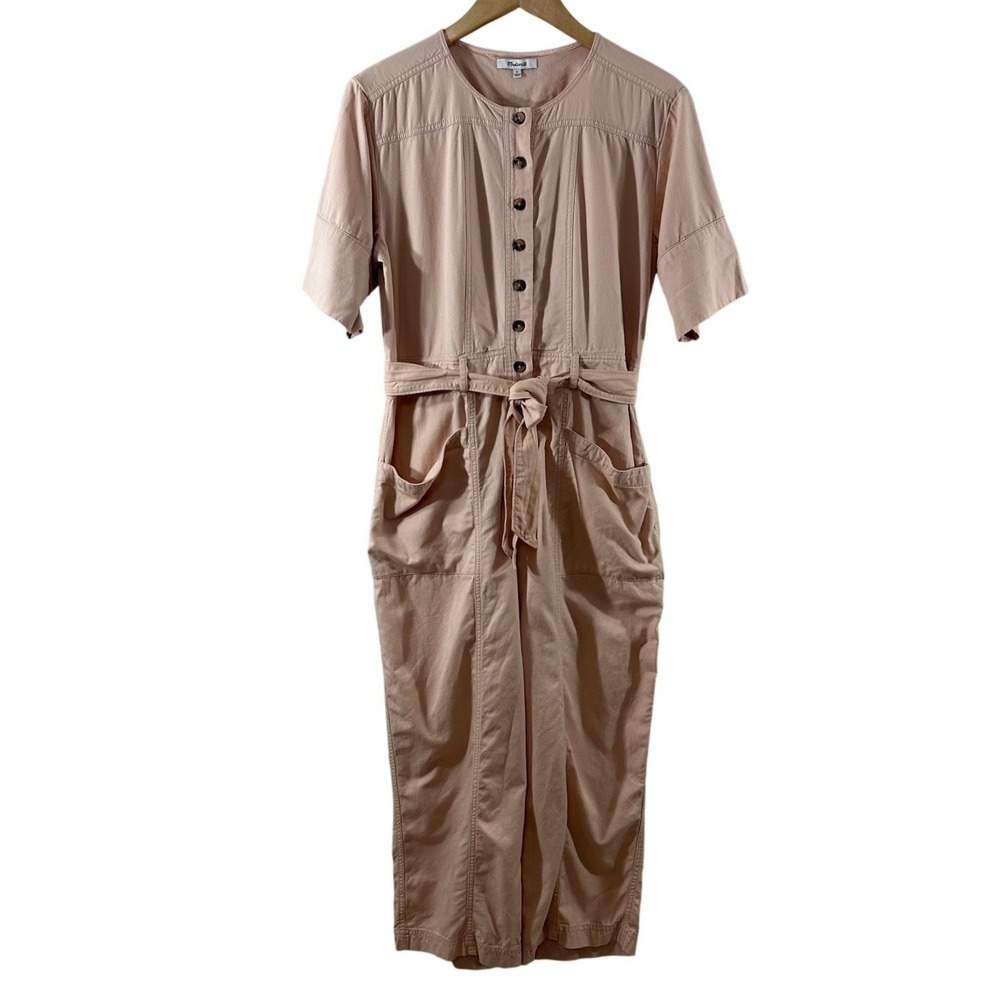 Madewell Womens Pink Cotton Viscose Utility Button Front Tie Waist Jumpsuit 8